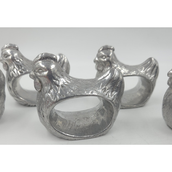 Vintage Napkin Rings Farmhouse Chicken Hen Rooster Handcrafted Pewter Set 7 - Picture 2 of 4
